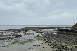 A picture showing the seashore at low tide with rocky ledges and boulders exposed.