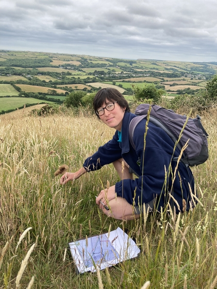 Image of a woman crouching in the grass looking at the camera as she is surveying plantlife